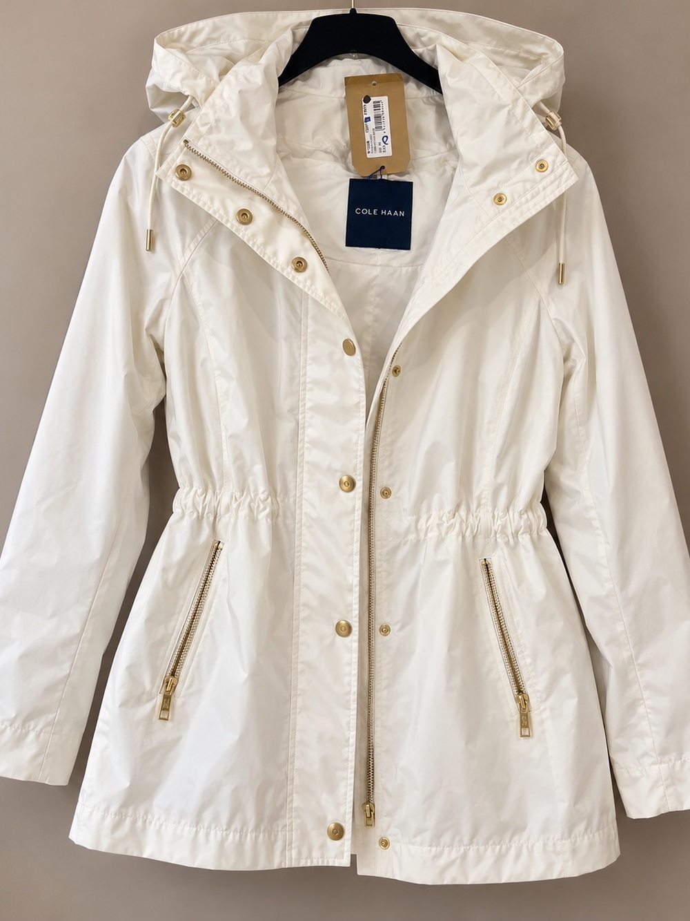 Cole Haan Cream Hooded Utility Anorak with Gold Hardware